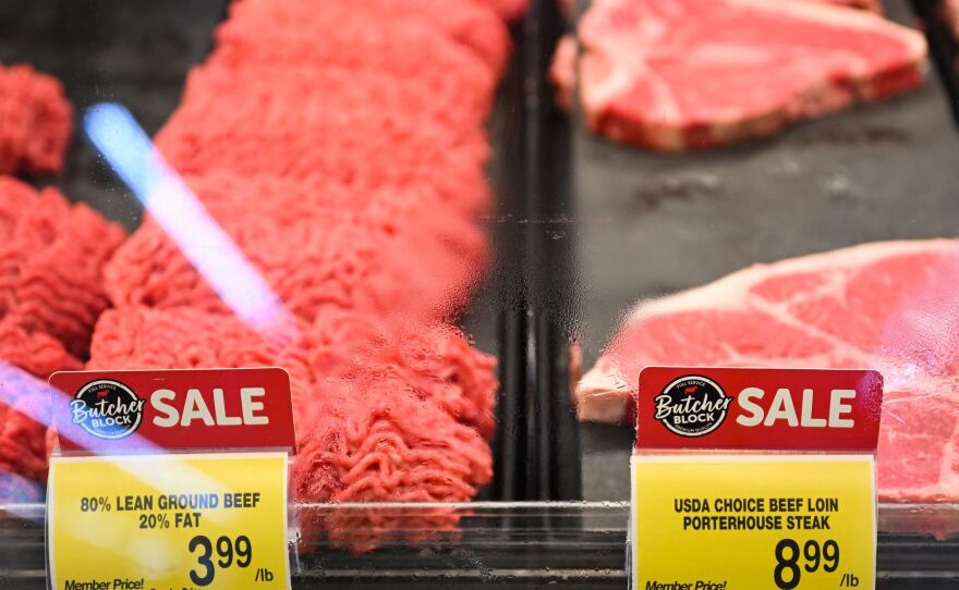 Ground beef and steaks for sale are displayed at a grocery store in Redondo Beach, Calif., on July 13.