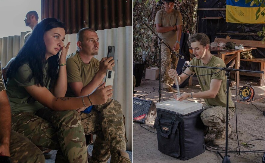 Left: The soldiers record with their phones and some wipe tears from their eyes while a band of soldiers plays a concert for soldiers near the front lines. Right: <strong> </strong>Right: Valery Dzekh, an artist from Kharkiv, tells a story through a performance with puppets for the soldiers.