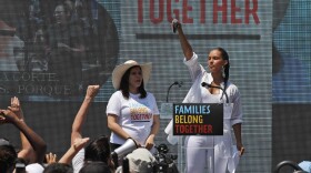 In this June 30, 2018 file photo, America Ferrera, left, with Alicia Keys, attends a protest against the Trump administration's approach to illegal border crossings and separation of children from immigrant parents in Lafayette Square across from the White House in Washington.