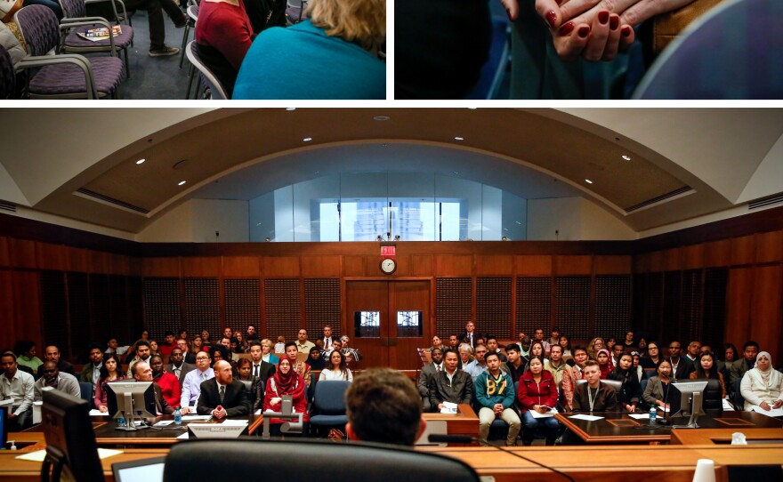 (Top left) Limara Rahimov, 42, talks with stepdaughter Sabikha, 26, and friend Ana Royal before the ceremony. (Top right) A moment between Limara and Sabikha. (Bottom) Judge Arthur Federman presides over the naturalization ceremony in Kansas City, Mo.
