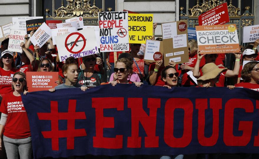 The NRA says San Francisco lawmakers went too far in declaring it a terrorist organization. Here, members of Moms Demand Action for Gun Sense in America take part in a rally against gun violence held at San Francisco City Hall in August.