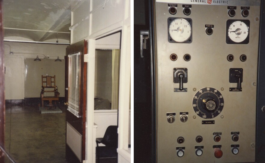 Left: The electric chair in the death chamber at Virginia State Penitentiary in 1991. Right: The computer that controlled the electric chair. The prison was closed and demolished in the early '90s.