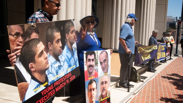 Protesters rally against the Iranian regime and U.S.-Israel attacks on Iran outside the Hall of Justice in downtown San Diego on April 7, 2026.