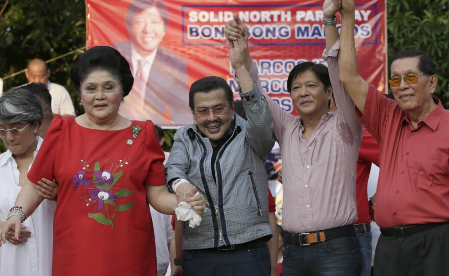 Imelda Marcos endorses her son Ferdinand "Bongbong" Marcos Jr., second from right, as a vice presidential candidate in 2015.