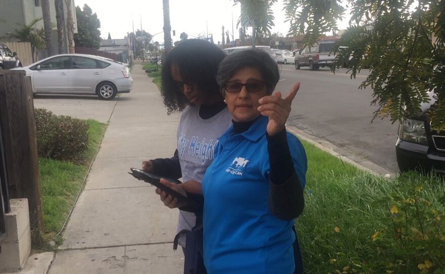 Martha Romero canvasses in City Heights to let her neighbors know about this year's census on March 2, 2020.