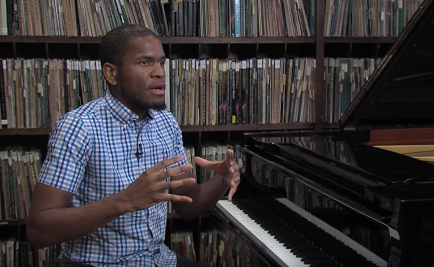 Joshua White, a jazz pianist, talks about performing at the Athenaeum Music and
Arts Library, where he sits at the piano, Feb. 13, 2017.