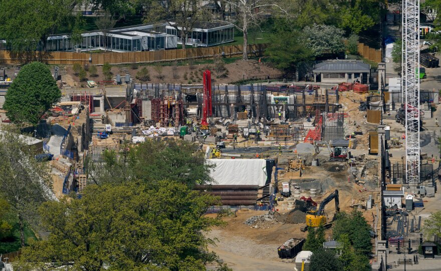 Work continues on the construction of the ballroom at the White House, Thursday, April 9, 2026, in Washington, where the East Wing once stood.