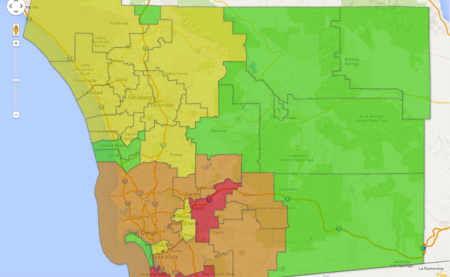 Pictured is a map of San Diego County. Click here to view a map of bond taxes in your district.