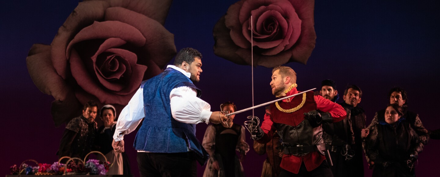 Pene Pati is Romeo and Adrian Kramer is Tybalt in San Diego Opera's "Roméo et Juliette." 