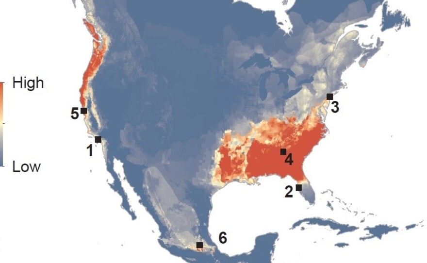 A model of the predicted vulnerabilities of wild North American salamanders to the chytrid fungus Batrachochytrium salamandrivorans, or Bsal.