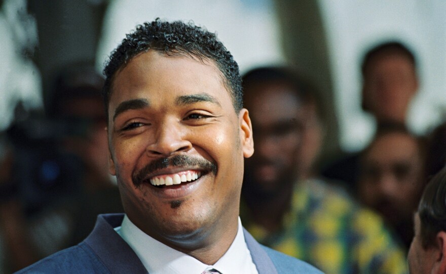 Rodney King, the Los Angeles motorist whose beating by police was captured on videotape, in Beverly Hills, speaks during a press conference, where he calls for the end of violence in the city in May 1992.