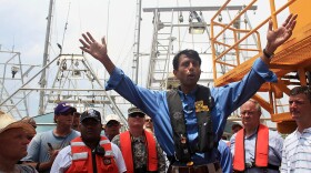 The efforts of Gov. Bobby Jindal to get the BP oil spill cleaned up have helped his popularity among Louisiana voters. Here, Jindal speaks on a command post boat in Barataria Bay, off Grand Isle, La.