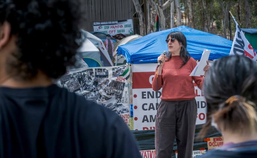 Lilly Irani, Associate Professor of Communication UC San Diego, leads a teach-in at the UCSD pro-Palestinian encampment, May 5, 2024.