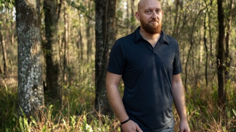 Wade Hanicker poses for a portrait at his home in Brooksville, Fla., on March 23, 2026. Hanicker was diagnosed with silicosis after years of cutting quartz countertops.