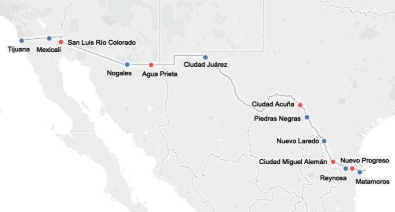 The cities in red hadn't been included in previous estimates on the number of asylum seekers waiting at the border, say researchers at UC San Diego and The University of Texas at Austin. 