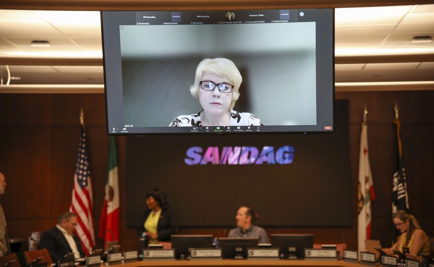 Independent Performance Auditor Mary Khoshmashrab attends the San Diego Association of Governments' Audit Committee meeting remotely on Jan. 13, 2023