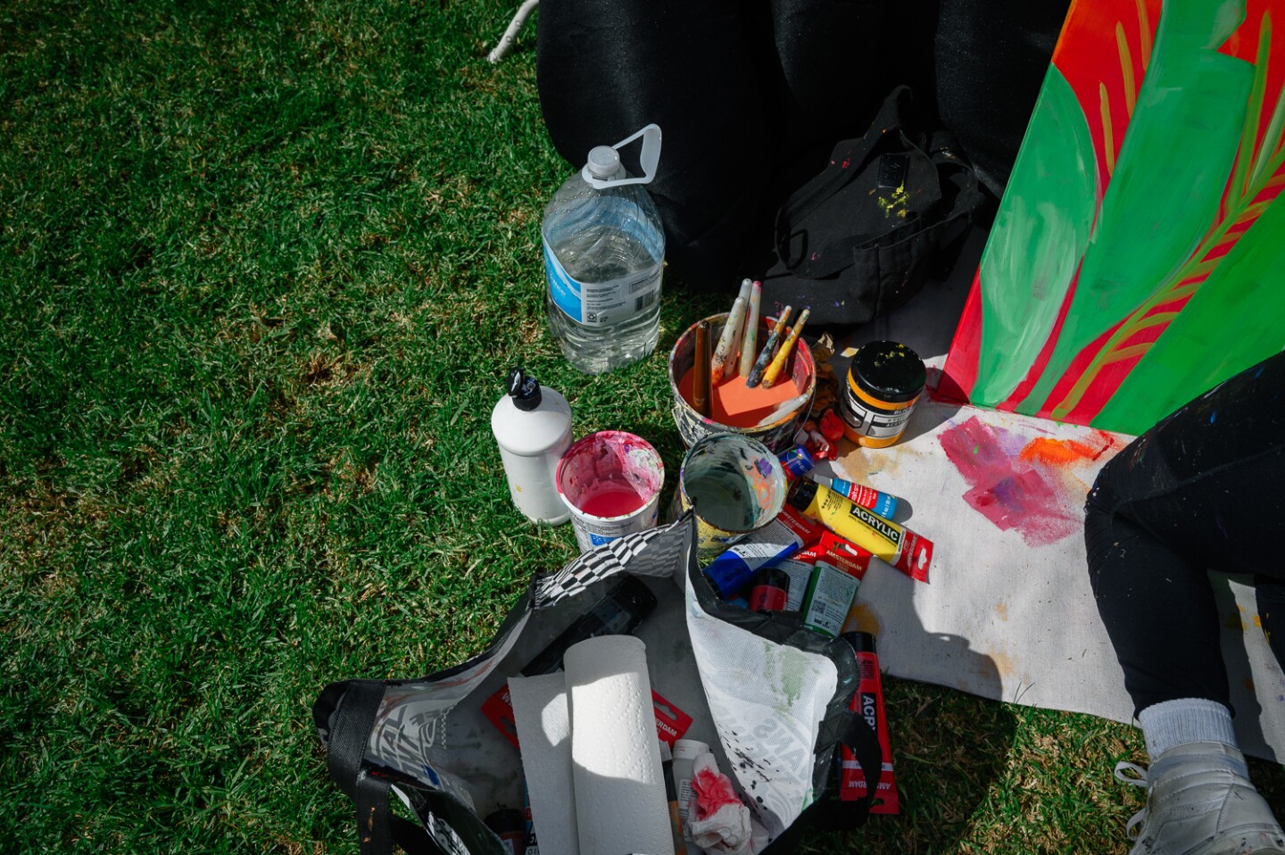 Tins of paint, brushes and other tools rest on the grass during the inaugural Chula Vista Art Fest, outside Chula Vista City Hall, on Sept. 30, 2023.