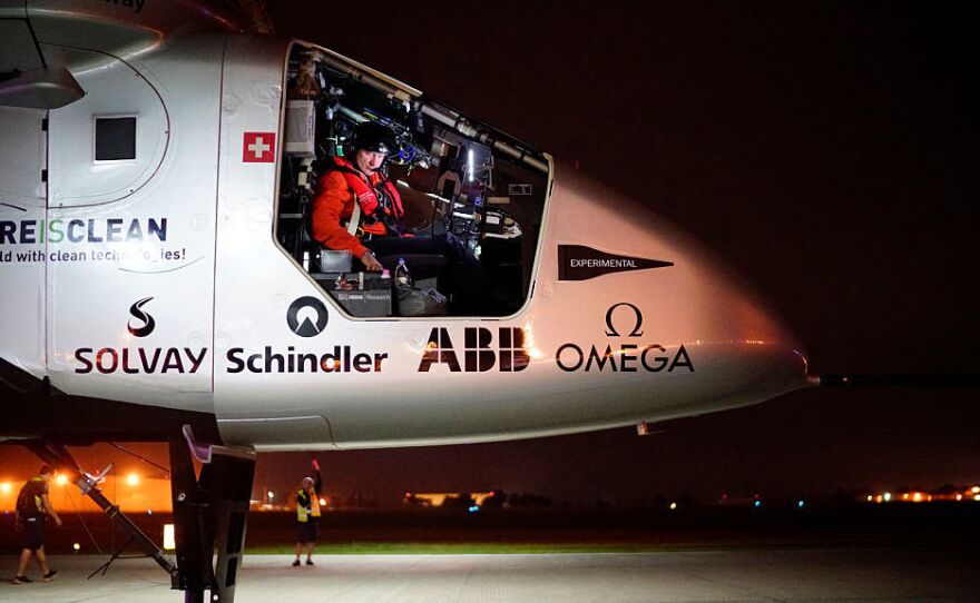 Solar Impulse 2, the solar airplane of Swiss pioneers Bertrand Piccard and Ande Borschberg, in preparation for the take off from Tulsa International Airport, Oklahoma on Saturday.