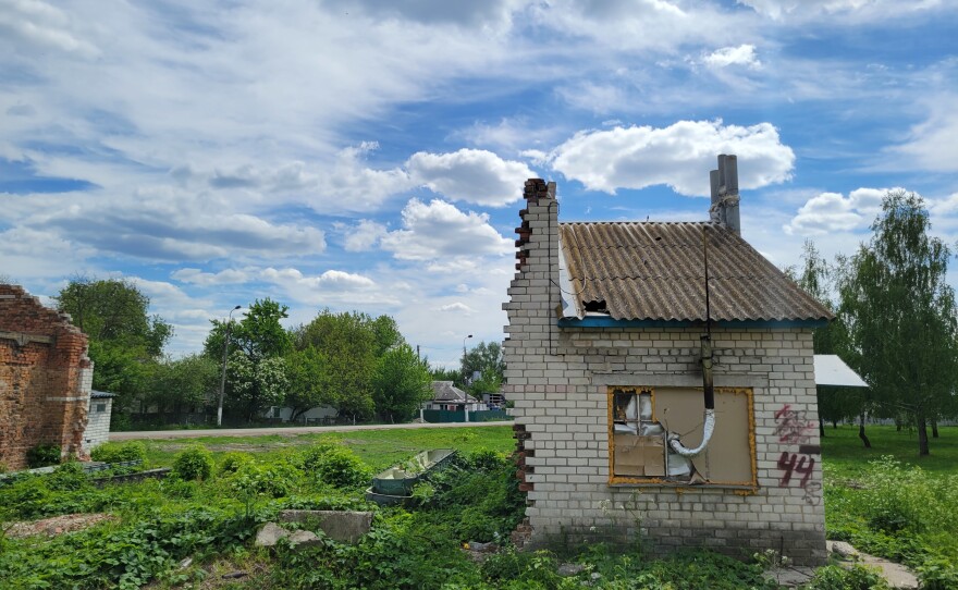 An abandoned building near the village council where Viktoria Andrusha's family believes Russian forces held her temporarily before taking her out of town.