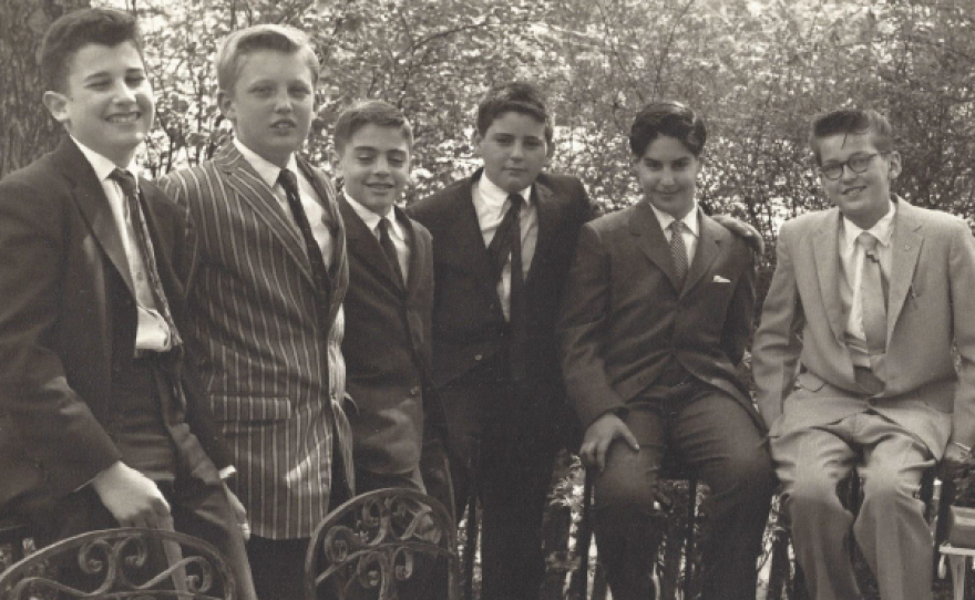 Trump, second from left, and grade school classmate Paul Onish, second from right, got into trouble together constantly — talking out of turn during class, passing notes and throwing spitballs.
