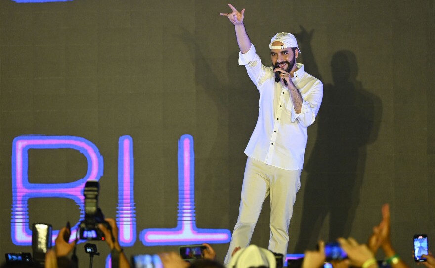 President Nayib Bukele of El Salvador gestures during his speech at the closing ceremony of the Latin American Bitcoin and Blockchain Conference at Mizata Beach, El Salvador, on Nov. 20, 2021.