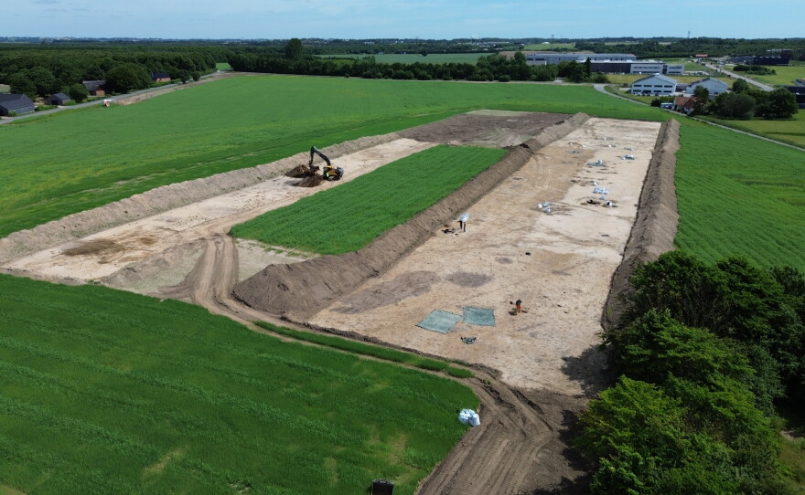 An aerial shot shows an archaeological site in Soften near Aarhus, Denmark, on June 22, 2026.