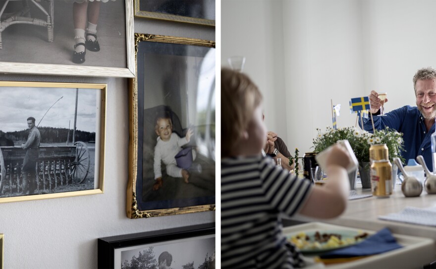 (Left) Agneta Berliner's father was Gert Berliner's cousin. (Right) Erika Pettersson's daughter says cheers and everyone around the table salutes her while celebrating Sweden's solstice holiday — Midsummer Eve.