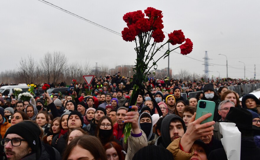 Mourners attend a funeral ceremony for late Russian opposition leader Alexei Navalny at the Borisovo cemetery in Moscow's district of Maryino on March 1, 2024.