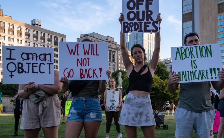 Abortion rights activists protest after the overturning of <em>Roe v. Wade</em> in downtown Nashville, Tenn., on June 24.