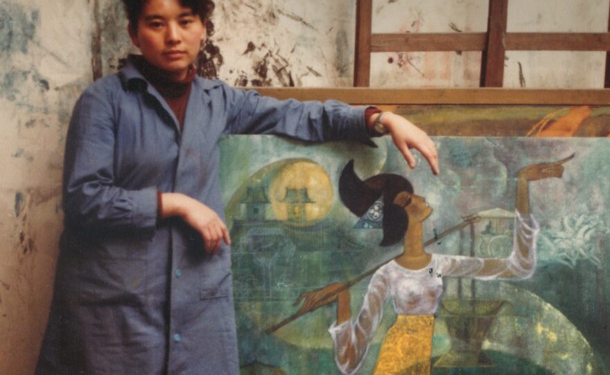 Hung Liu as a graduate student, Central Academy of Fine Arts, Beijing, China. Reproduction after the original 1980 photograph.