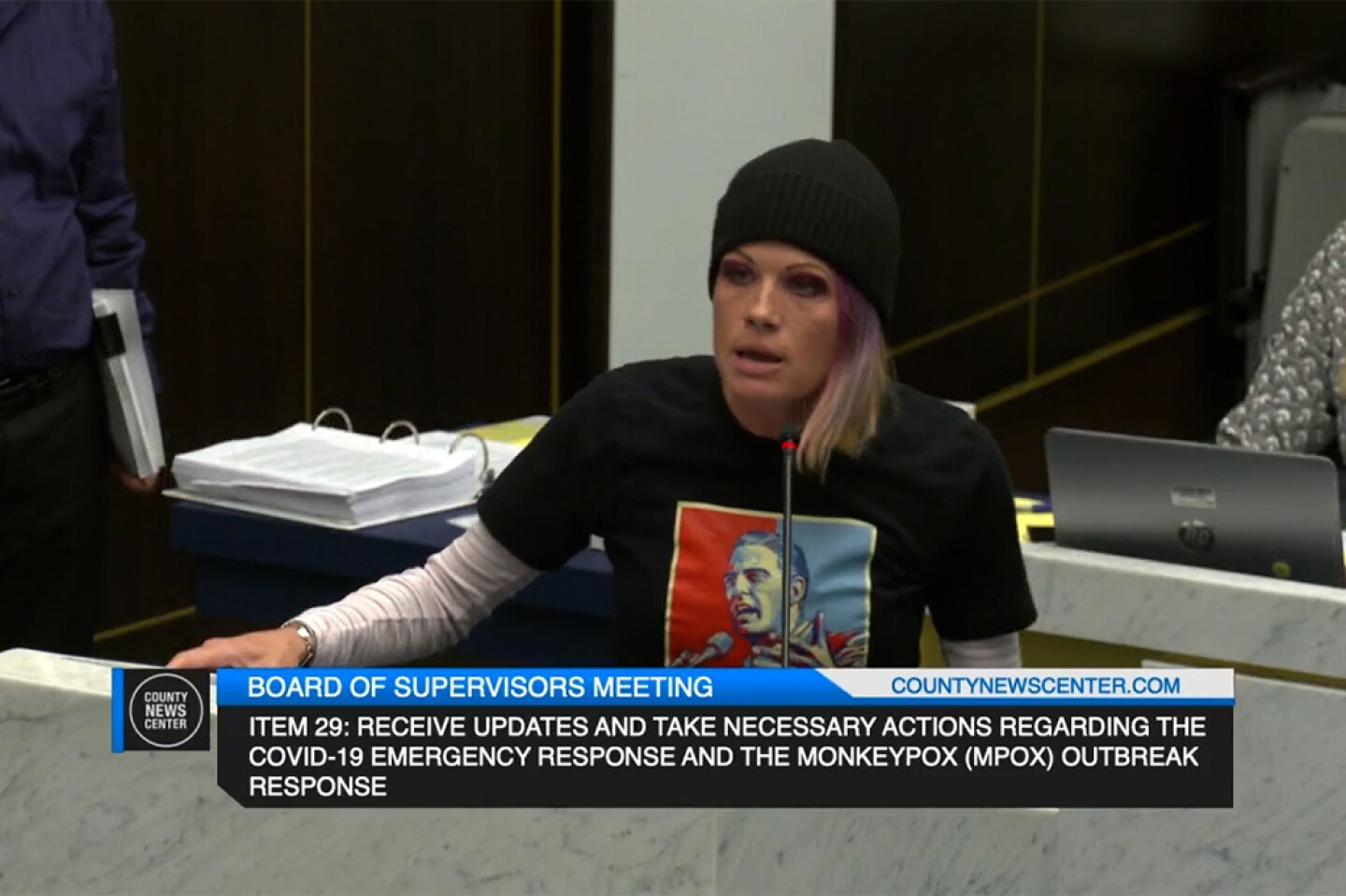 This screenshot shows Audra Morgan speaking at a San Diego County Board of Supervisors meeting on November 15, 2022.