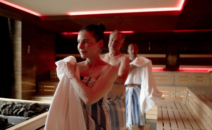 Sauna scientists Ashley Mason , Earric Lee and Hans Hegglund, take an early morning sauna session in the Japanese sauna at The Well. Mason, a sleep researcher and clinical psychologist at the University of California, San Francisco, is studying the effect of heat therapy on loneliness, depression and sleep.