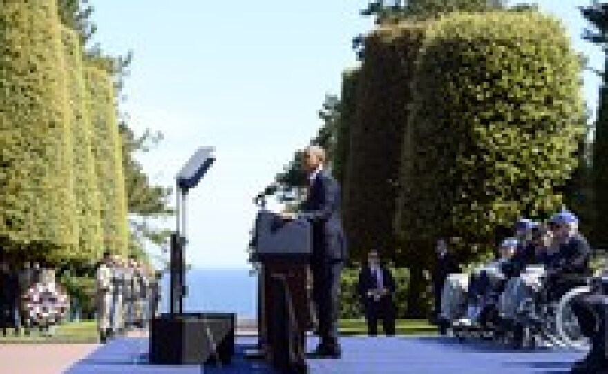 President Obama speaks during the joint French-American D-Day commemoration at the Normandy American Cemetery.