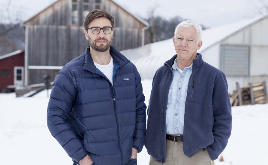Writer Arlo Crawford (left) with his father, Jim Crawford, an elder statesman of the organic farming movement who dropped out of law school in 1972 to grow vegetables.