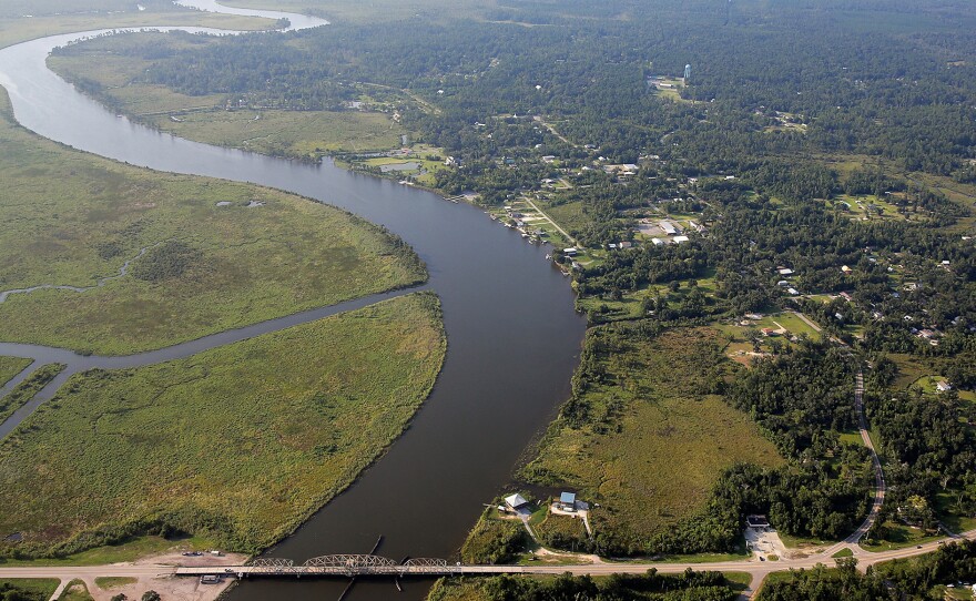 A view of Pearlington, Miss., 10 years after Hurricane Katrina. The East Pearl River and St. Tammany Parish in LA. are to the left.