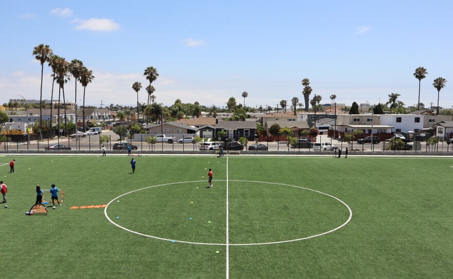 Students play soccer at Wilson Middle School's soccer field on Monday, July 21, 2025.
