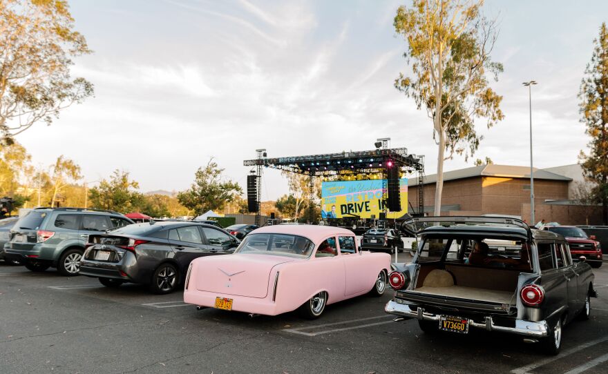 The impromptu drive-in that is being set up each weekend at the Westfield North County mall by the California Center for the Arts, Escondido for a film and live concert series.