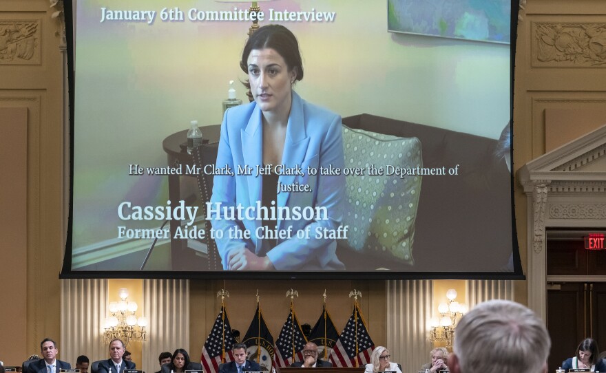 Cassidy Hutchinson, a top former aide to Trump White House Chief of Staff Mark Meadows, is seen in a video of her interview with the House select committee investigating the Jan. 6 attack on the U.S. Capitol on June 23.