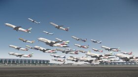 Graphic of planes taking off from Dubai International Airport, United Arab Emirates.