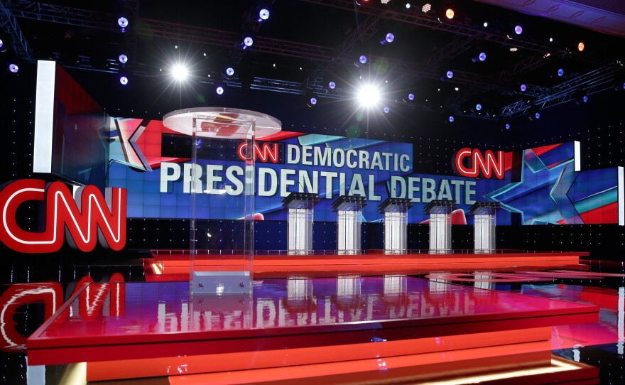 A general view shows the stage during a walk-through before a Democratic presidential debate sponsored by CNN and Facebook at Wynn Las Vegas on October 13, 2015 in Las Vegas, Nevada. Five Democratic presidential candidates are scheduled to participate in the party's first presidential debate.