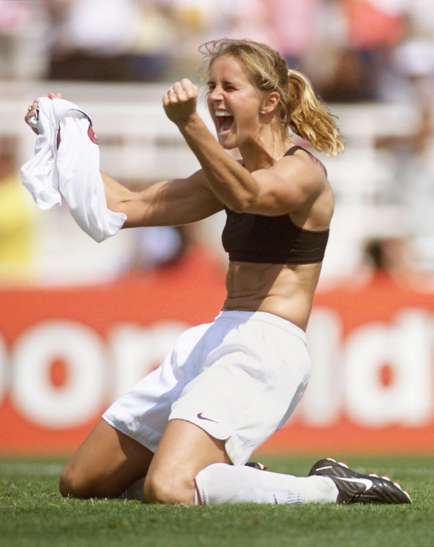 Brandi Chastain celebrates after kicking the winning penalty kick at the 1999 women's World Cup final against China on July 10, 1999.