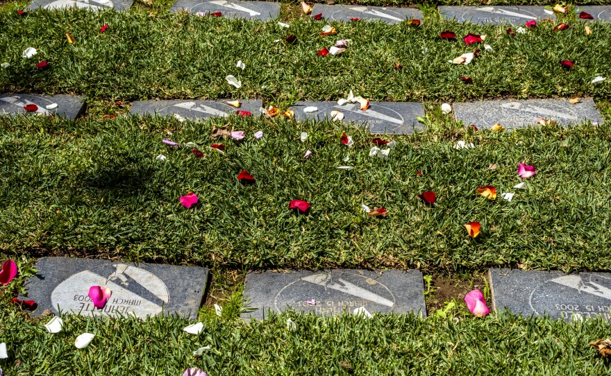 Gravestones at the Garden of Innocence for some of the more than 220 abandoned children who are buried there, San Diego, June 17, 2023.<br/>