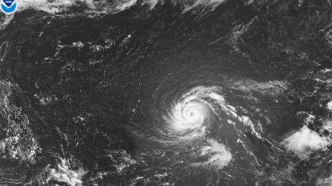 This satellite image from the National Oceanic and Atmospheric Administration shows Typhoon Bavi east of the U.S. Pacific island territory of Guam on Friday, July 3, 2026.