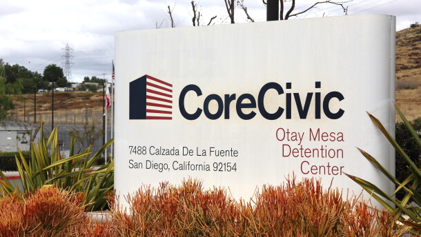 The CoreCivic sign outside the Otay Mesa Detention Center on Thursday, April 2, 2026.