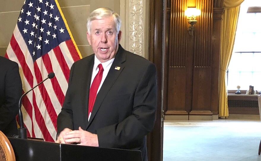 Missouri Gov. Mike Parson announces the state's first death from the coronavirus during a news conference in Jefferson City, Mo., last month.
