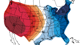 This map of the U.S. shows a three- to six day temperature outlook, with forecasts for above average temperatures shown in red and below average shaded in blue. San Diego County, covered in dark red, is expected to experience a strong heat wave from March 26-28, 2015.