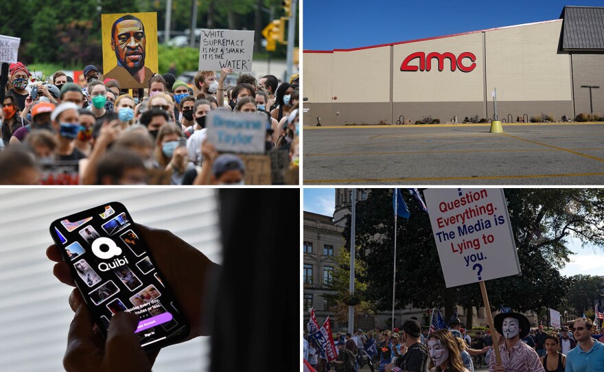 (Clockwise from upper left) A "Black Lives Matter" protest in Brooklyn, N.Y., a shuttered AMC movie theater, a "Stop the Steal" protest in Atlanta, Ga., and the short-form streamer Quibi.