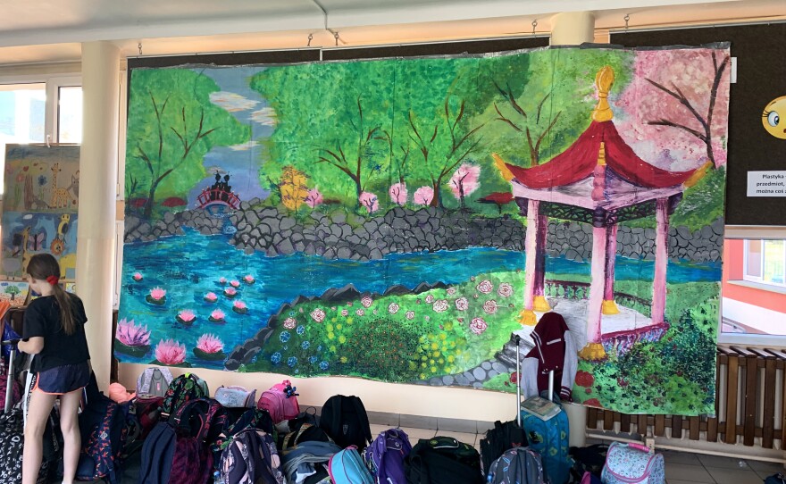 Backpacks at a Krakow elementary school that is hosting Ukrainian students.
