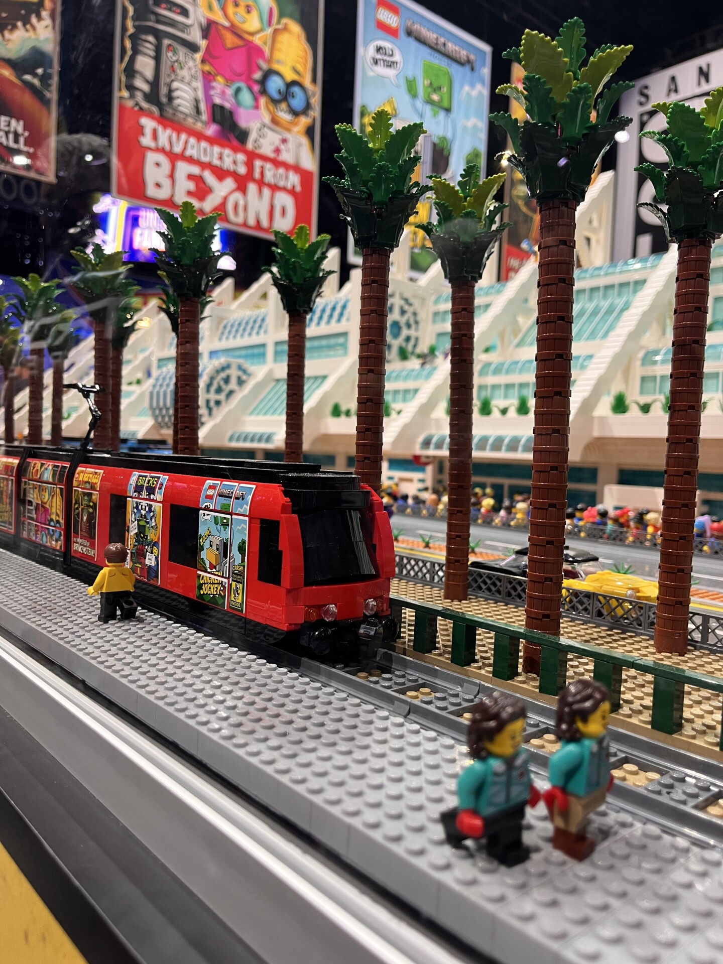The LEGO trolley takes LEGO people to and from the LEGO Comic-Con convention on July 26, 2025.