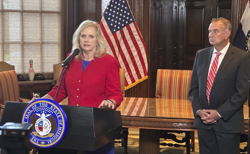 Missouri Attorney General Catherine Hanaway speaks to reporters after being appointed by Gov. Mike Kehoe last year. She has defended the Republican-tilted redistricting in Missouri against court challenges and a petition drive.